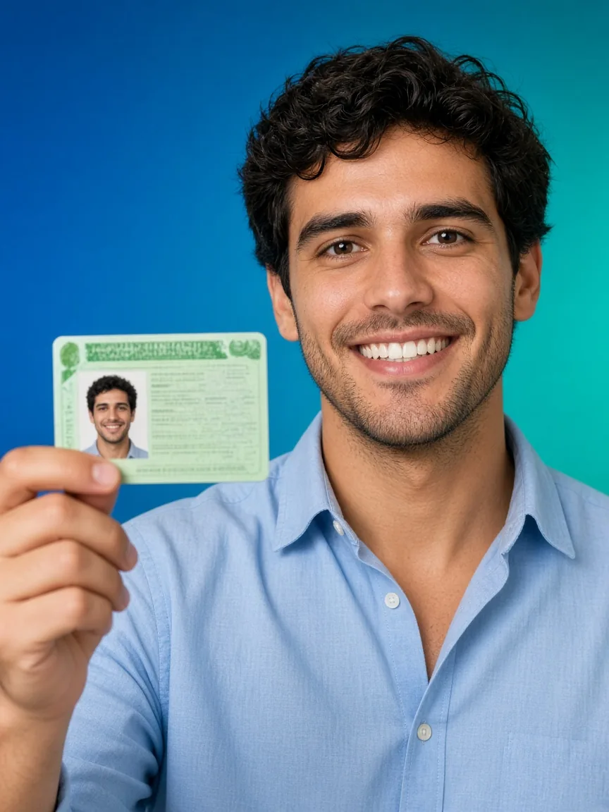 Jovem sorridente segurando a carteira de habilitação